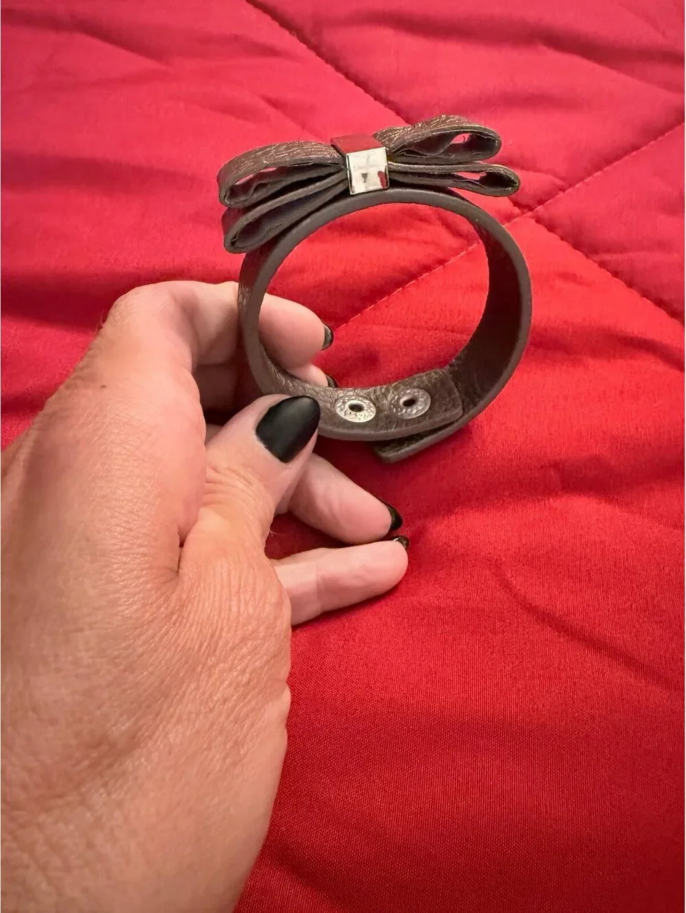 Bow Cuff Bracelet Brown Snap Closure Adjustable